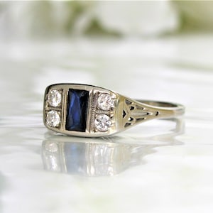 Art Deco 18K White Gold Sapphire Diamond Engagement Ring