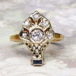 Antique 14K Gold Diamond & Sapphire Ring, Unique Flower Basket Engagement Ring