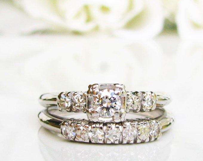 Vintage Engagement Ring Set 0.41ctw Diamond Wedding Ring Set Etsy
