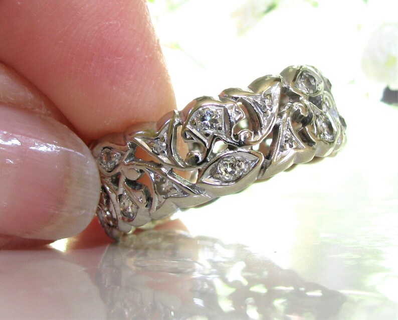 Antique Diamond Wedding Band 14K White Gold Scroll Filigree Edwardian Ring 0.92ctw Diamond Wide Wedding Ring Antique Diamond Eternity Ring image 7