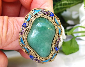 Antique Chinese Export Brooch Art Deco Cloisonne&#39; Enamel Floral Motif Aventurine Brooch Pin Scroll Filigree Silver Made in China Pin Brooch