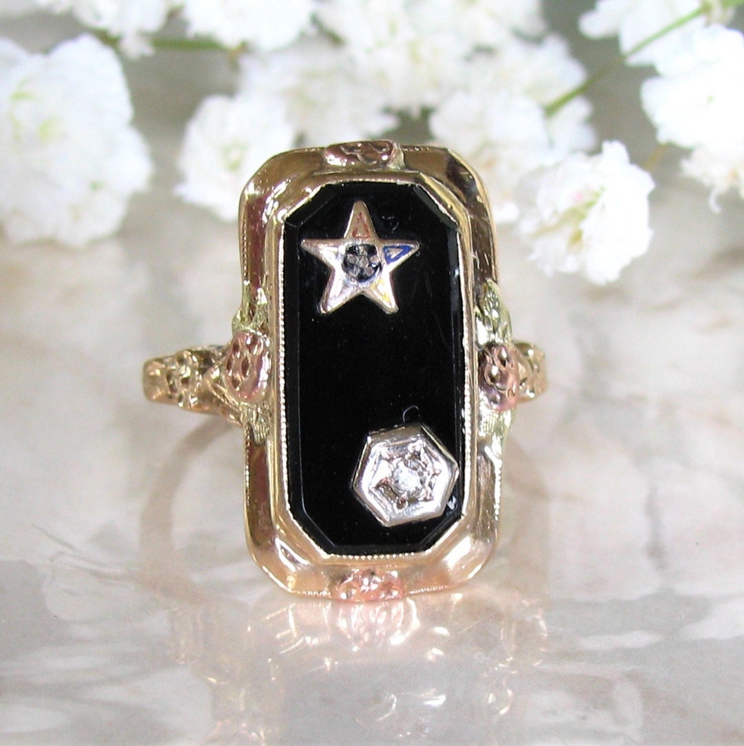 Vintage Order of the Eastern Star Ring Diamond Accent Onyx Ring Ladies Masonic Ring 10K Tri colored Gold Orange Blossom Motif Star Ring Etsy