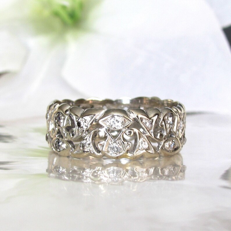 Antique Diamond Wedding Band 14K White Gold Scroll Filigree Edwardian Ring 0.92ctw Diamond Wide Wedding Ring Antique Diamond Eternity Ring image 3