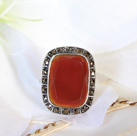 Art Deco Germany Carnelian Marcasite Sterling Rin… - image 1