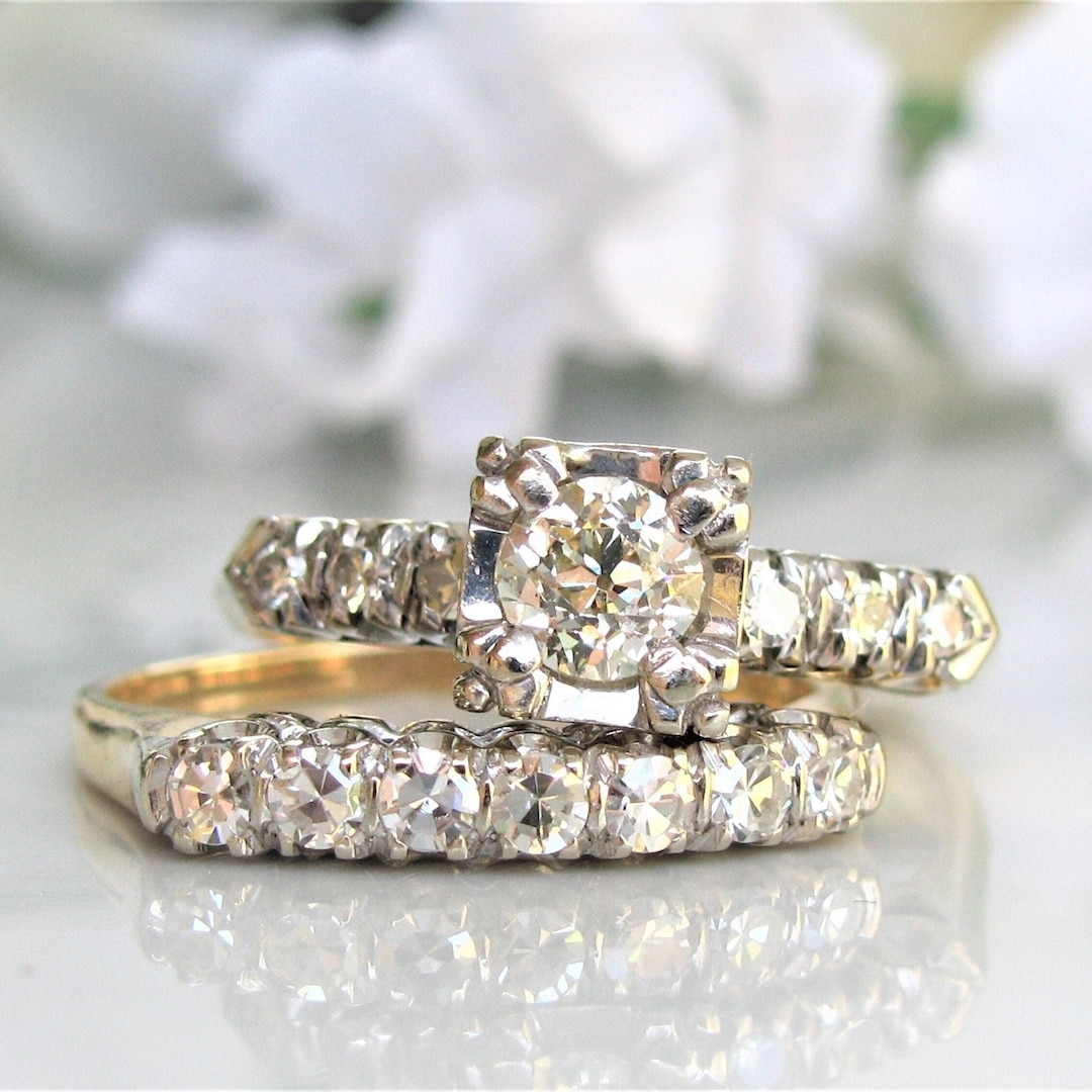 Art Deco Engagement Ring Set 1.17ctw Antique Diamond Wedding Set 14K ...