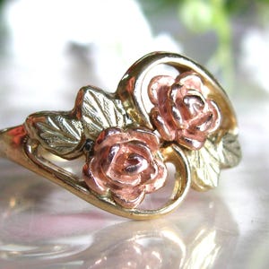 May include: A gold-tone ring featuring two rose blossoms in a pink hue, with gold and silver-tone leaves. The ring has a delicate, floral design, perfect for a romantic or nature-inspired aesthetic.