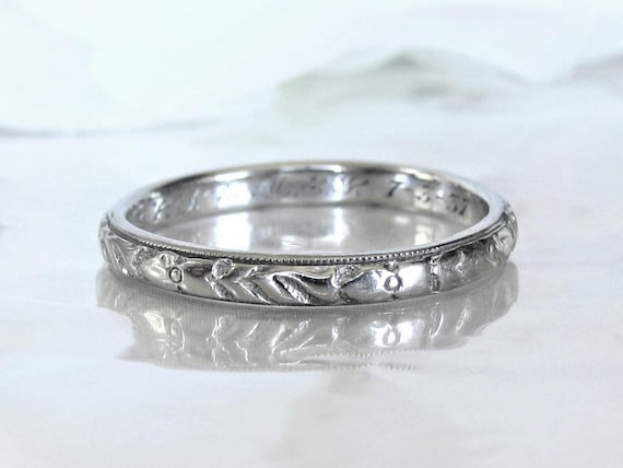 Art Deco Wedding Band J.R. Wood & Sons Floral Pattern Eternity Ring 18K White Gold Ring 1937 Unisex Antique Wedding Ring Gold Stacker Ring