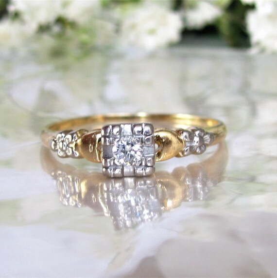 Art Deco Engagement Ring Petite 0.10ct Diamond 14K Two Tone - Etsy