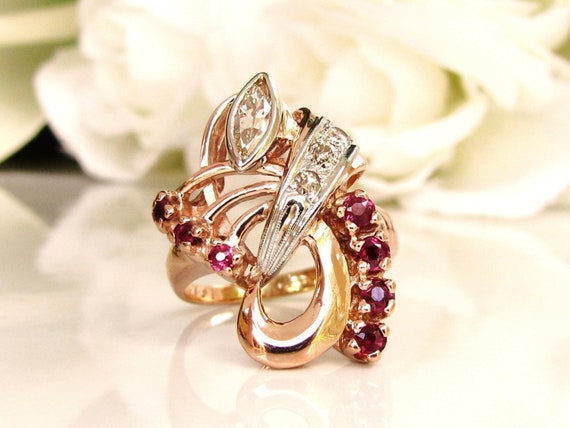 Unique Vintage Engagement Ring Art Nouveau Marquise Diamond & Ruby/Spinel Ring Old Cut Diamond Wedding Ring 18K/14K Rose Gold Diamond Ring