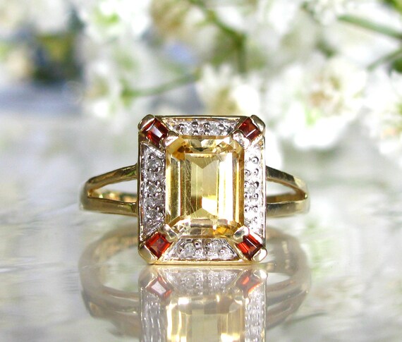 Bague Ancienne Or 14 Carats Et Argent - Citrine Madère Et Diamants Taille Rose - Taille 53