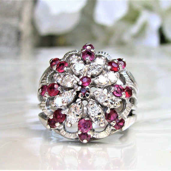 Vintage Ruby & Spinel Diamond Cluster Ring Platin… - image 1