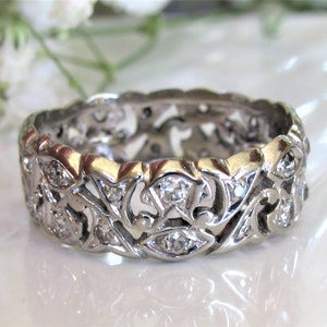 Antique Diamond Wedding Band 14K White Gold Scroll Filigree Edwardian Ring 0.92ctw Diamond Wide Wedding Ring Antique Diamond Eternity Ring image 6