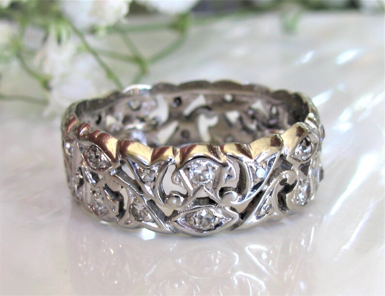 Antique Diamond Wedding Band 14K White Gold Scroll Filigree Edwardian Ring 0.92ctw Diamond Wide Wedding Ring Antique Diamond Eternity Ring image 6