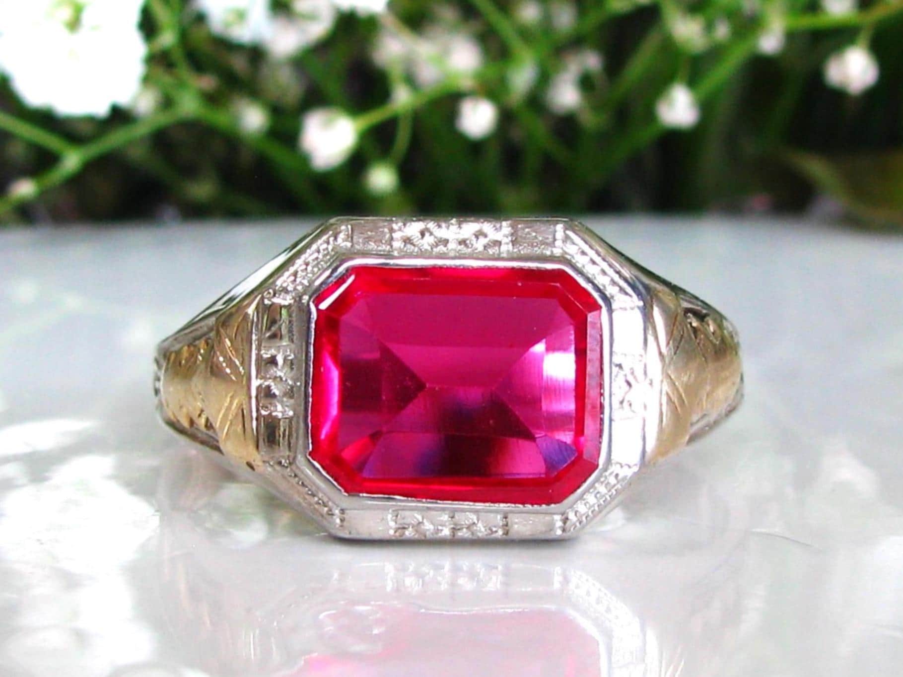 Antique Ostby Barton Synthetic Ruby Ring 10K Two Tone Gold Orange