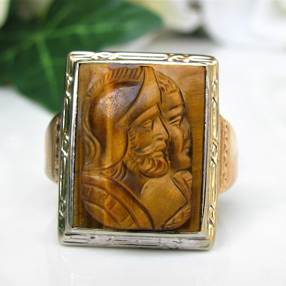 アクセサリー vintage 9ct gold Tiger Eye Cameo ring C. 1900 Vintage Tiger Eye Cameo Ring in 9kt Yellow Gold