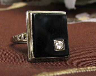 Antique Diamond & Black Onyx Ring Alternative Art Deco Engagement Ring 14K White Gold Petite Diamond Ring