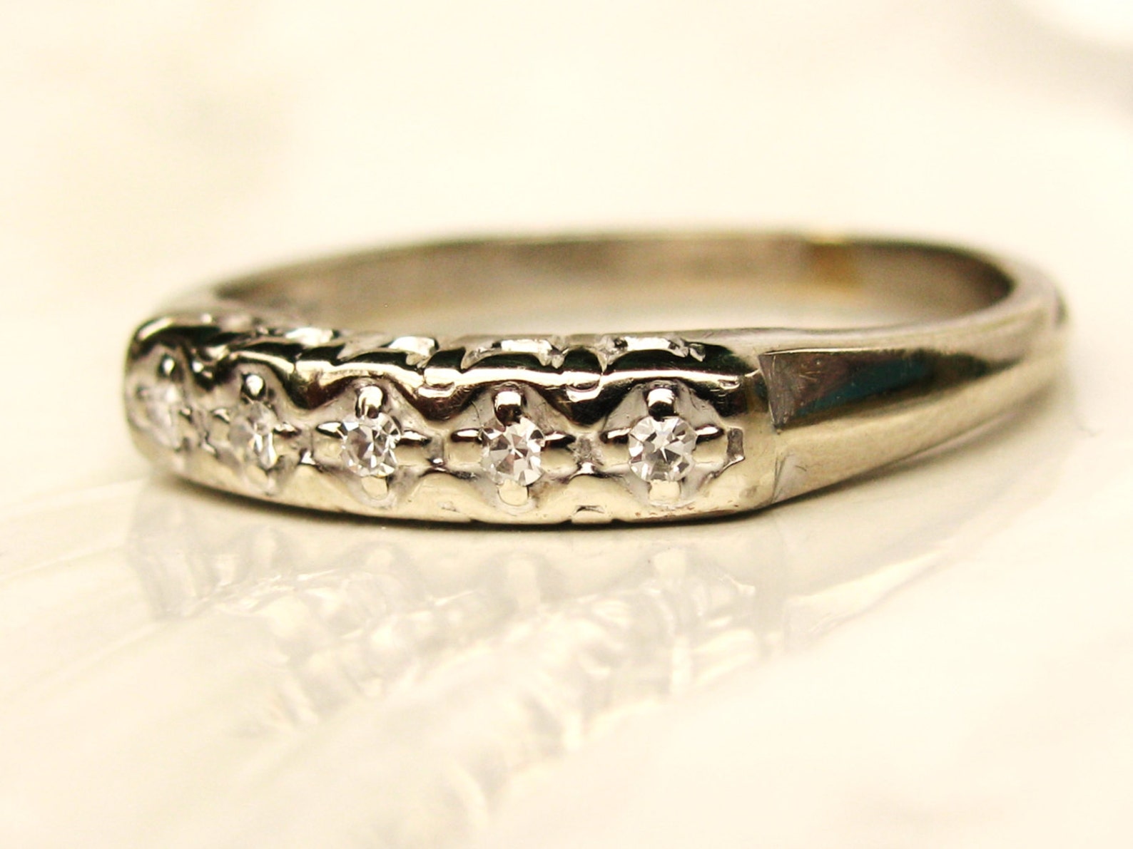 Vintage Keepsake Diamond Wedding Ring 14K White Gold