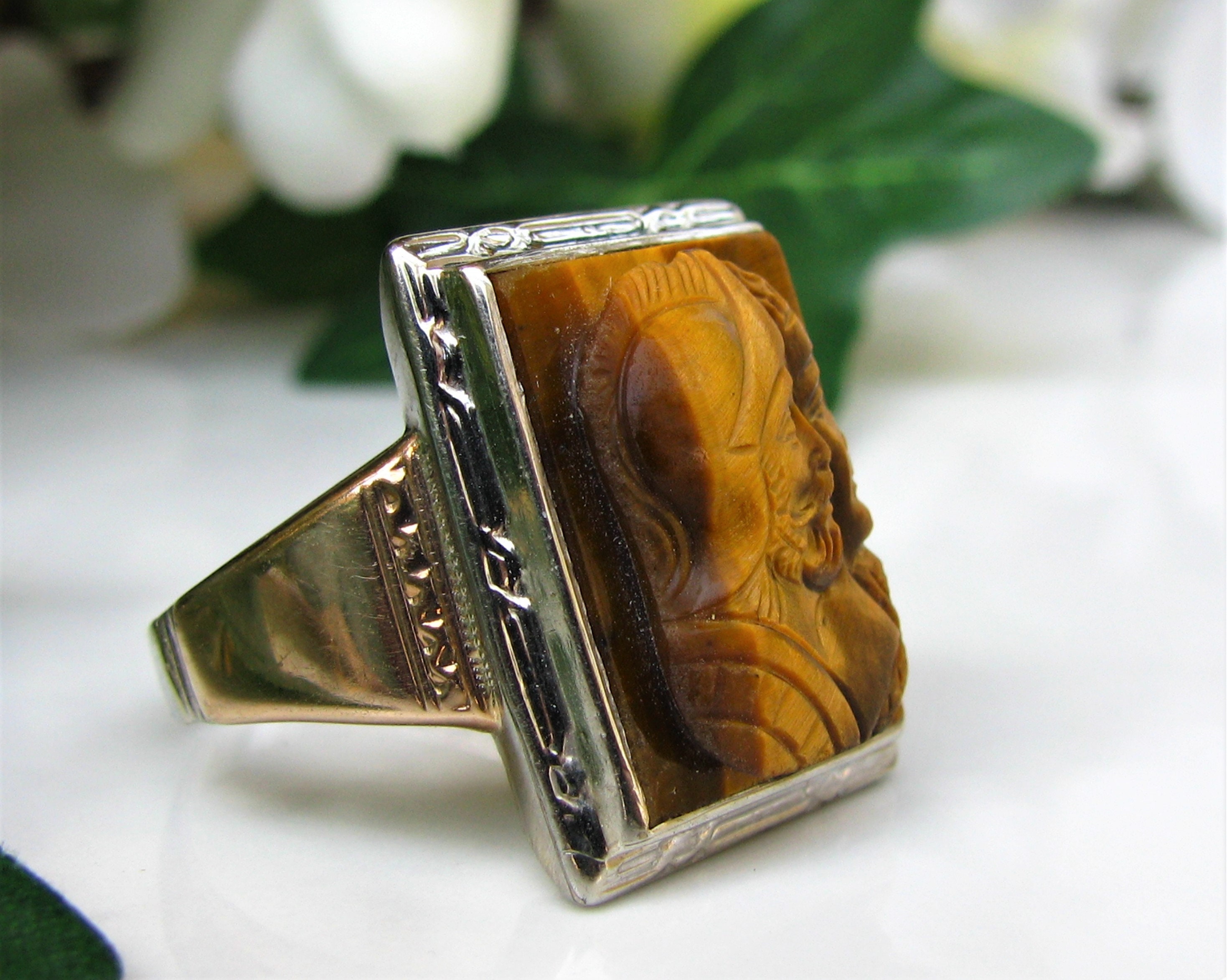 アクセサリー vintage 9ct gold Tiger Eye Cameo ring Antique Tiger Eye Cameo Gold Unisex Ring - Antique Jewelry