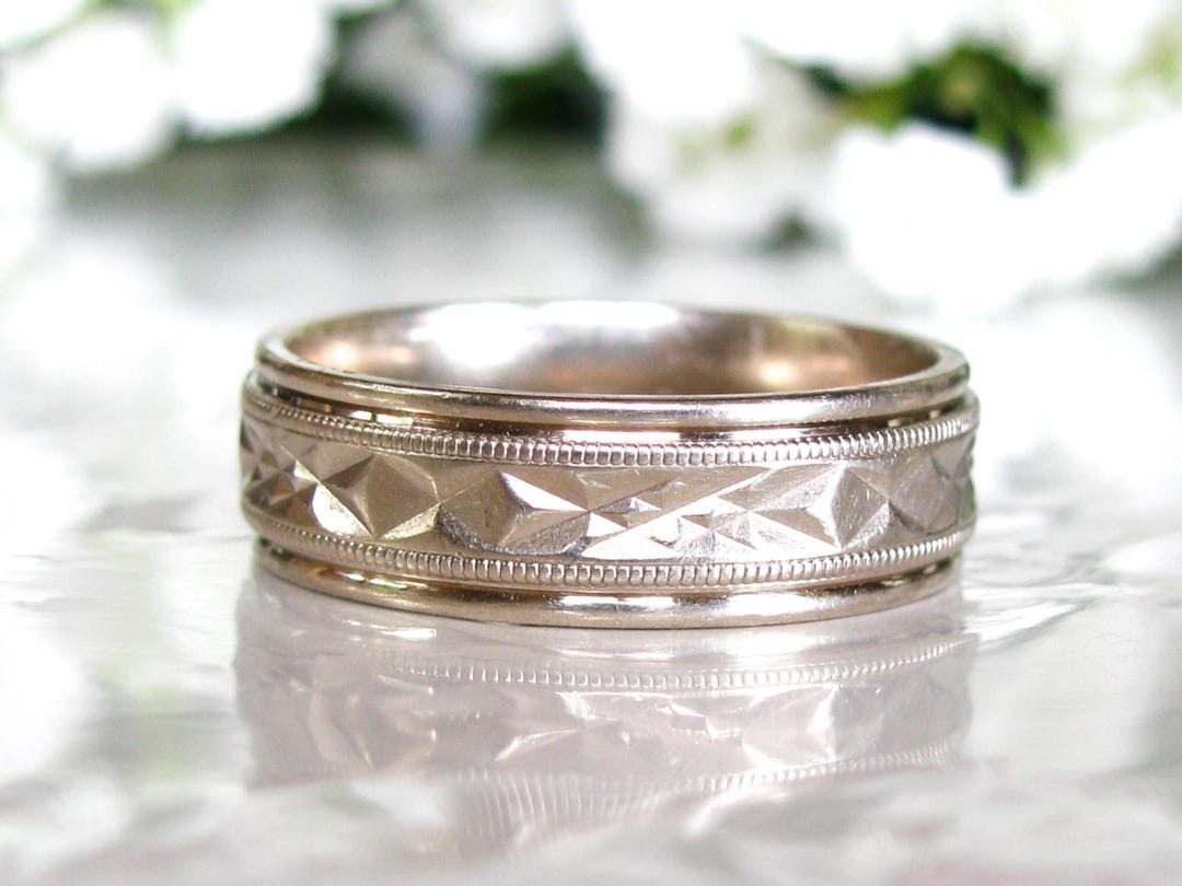 Vintage Art Deco Style Wedding Ring 14K White Gold Patterned Eternity ...