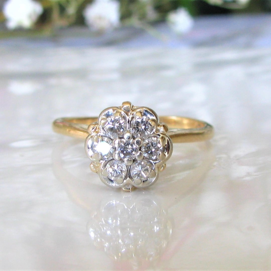 Vintage Daisy Diamond Engagement Ring 0.21ctw Diamond Cluster Ring 14K