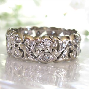 Antique Diamond Wedding Band 14K White Gold Scroll Filigree Edwardian Ring 0.92ctw Diamond Wide Wedding Ring Antique Diamond Eternity Ring image 5