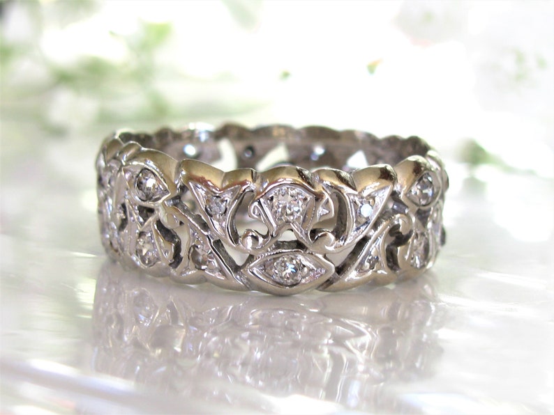 Antique Diamond Wedding Band 14K White Gold Scroll Filigree Edwardian Ring 0.92ctw Diamond Wide Wedding Ring Antique Diamond Eternity Ring image 5