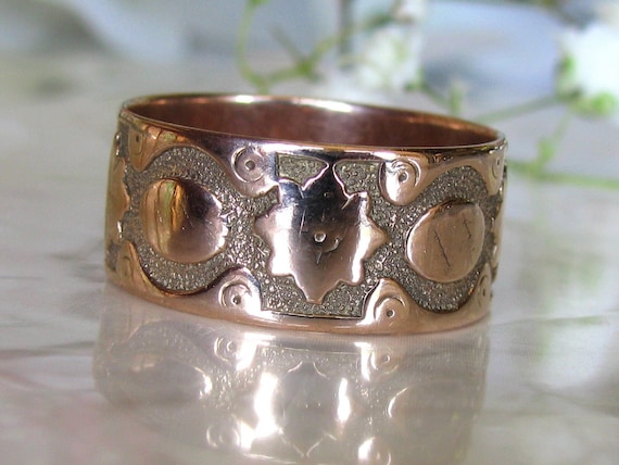 Antique Wide Wedding Band 10K Rose Hued Yellow Go… - image 1