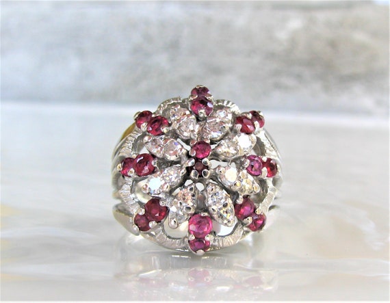 Vintage Ruby & Spinel Diamond Cluster Ring Platin… - image 2