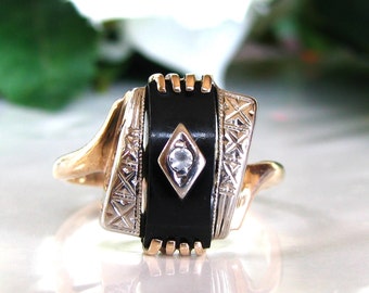 Art Deco Onyx Spinel Accent Ring 10K Two Tone Gold Unique Curved