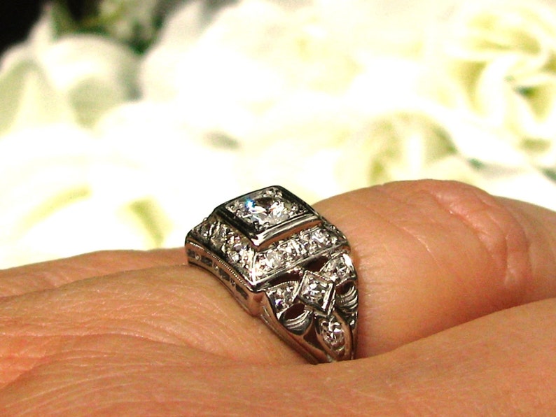 Art Deco Engagement Ring 0.77ctw European Cut Diamond Antique Engagement Ring Platinum Wedding Ring Bow Design Diamond Anniversary Ring image 3