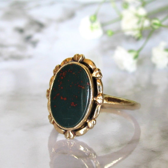 Vintage Bloodstone Ring Romantic Oval Cut Bezel Set Bloodstone