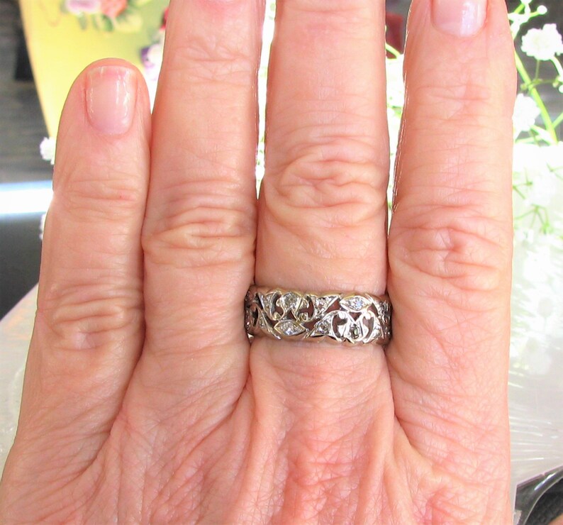 Antique Diamond Wedding Band 14K White Gold Scroll Filigree Edwardian Ring 0.92ctw Diamond Wide Wedding Ring Antique Diamond Eternity Ring image 8