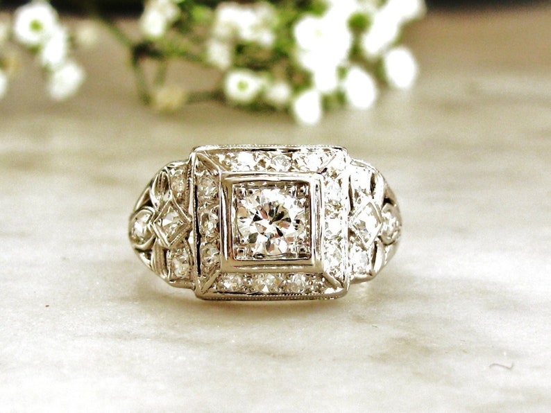 Art Deco Engagement Ring 0.77ctw European Cut Diamond Antique Engagement Ring Platinum Wedding Ring Bow Design Diamond Anniversary Ring image 1