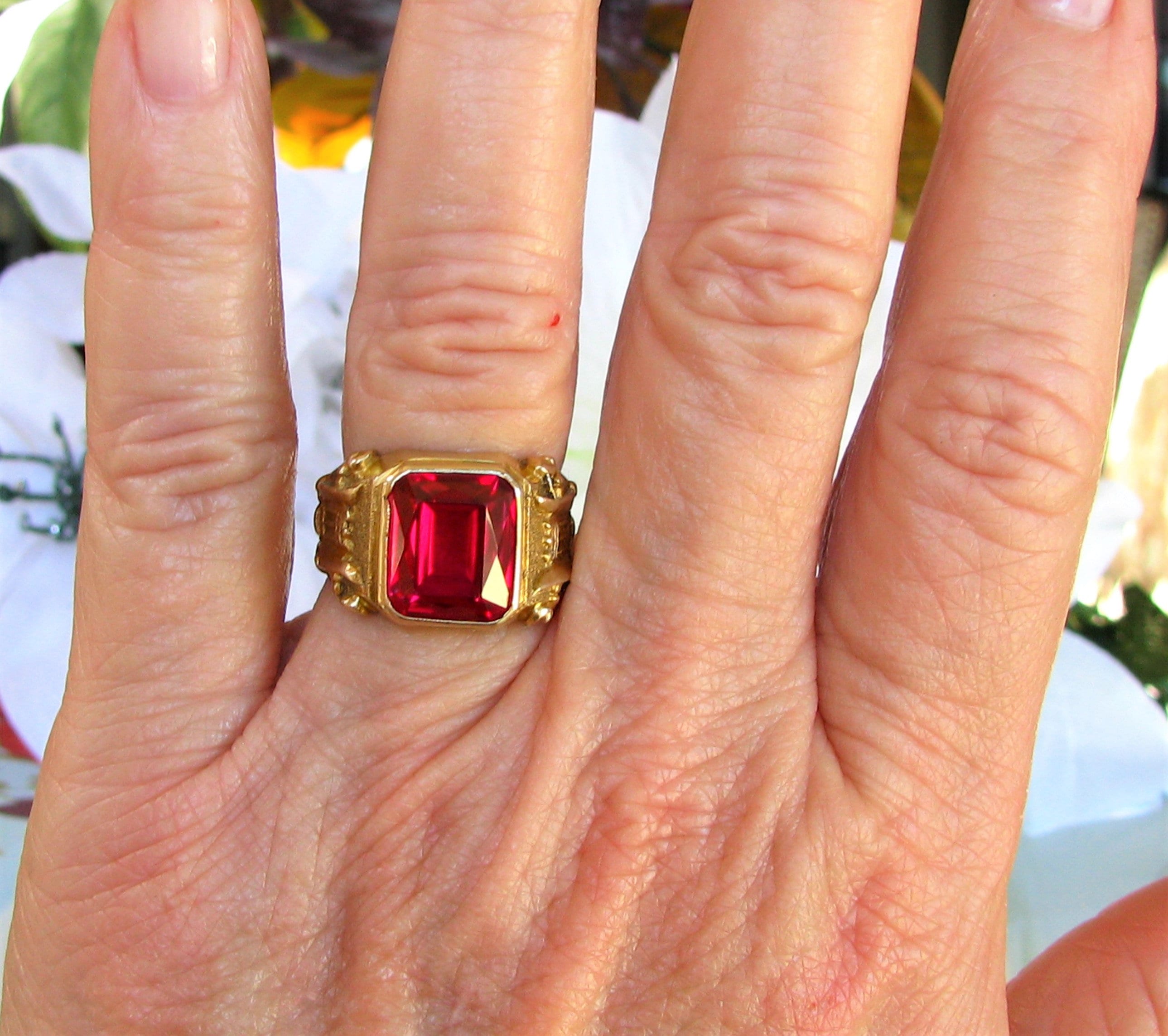 Vintage Engagement Ring 5.21ct Emerald Cut Synthetic Ruby