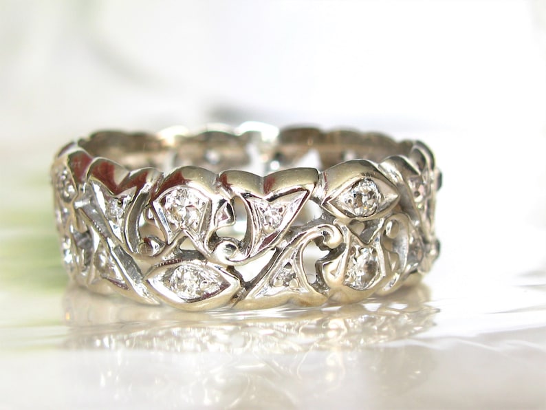 Antique Diamond Wedding Band 14K White Gold Scroll Filigree Edwardian Ring 0.92ctw Diamond Wide Wedding Ring Antique Diamond Eternity Ring image 1