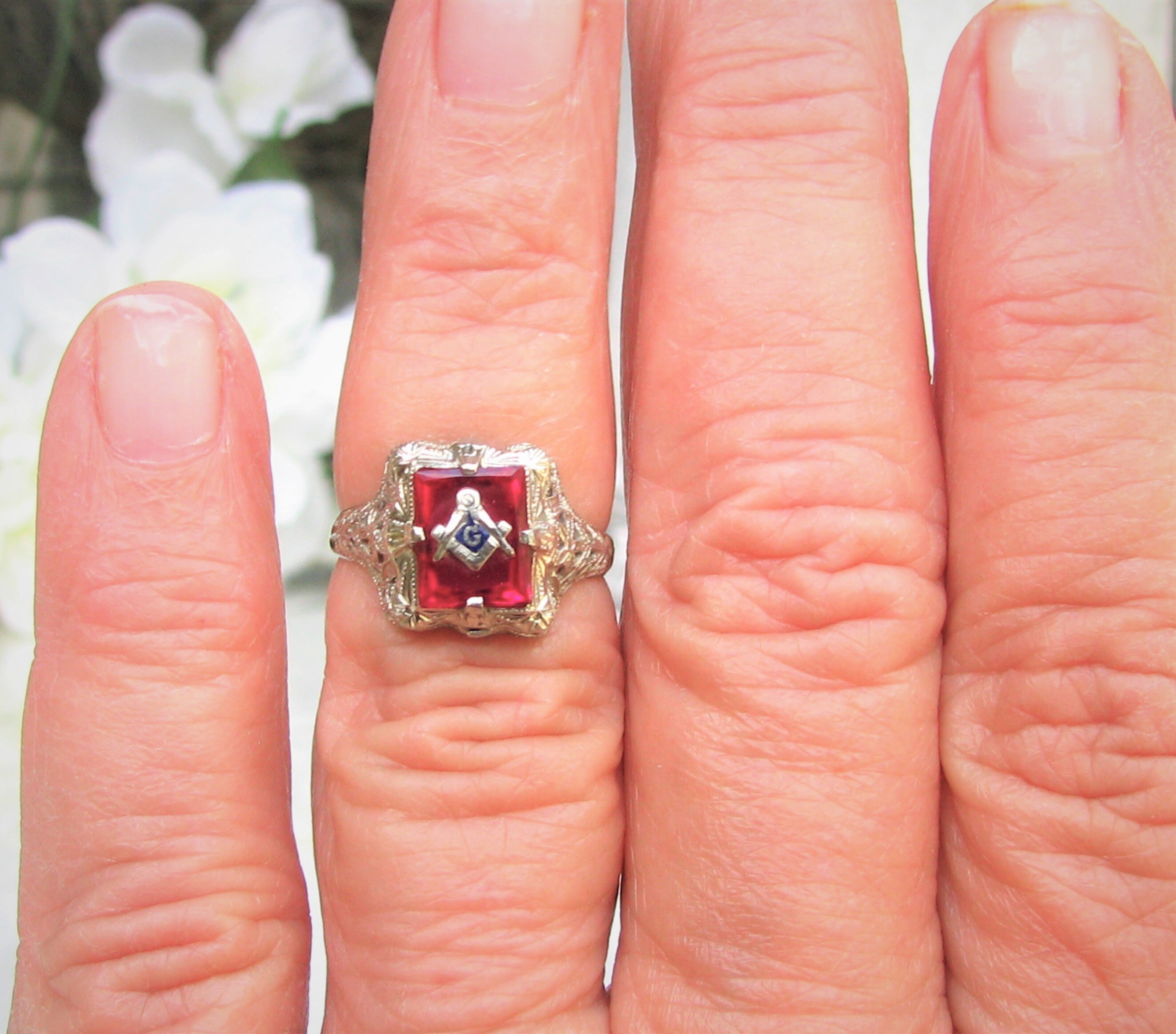 Antique Edwardian Ruby Masonic Ring 14K White Gold Filigree