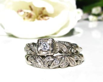 Vintage Art Deco Engagement Ring Set 0.12ctw Diamond "Miracle" Art Deco Bridal Set 14K White Gold Petite Diamond Wedding Ring Size 6.75