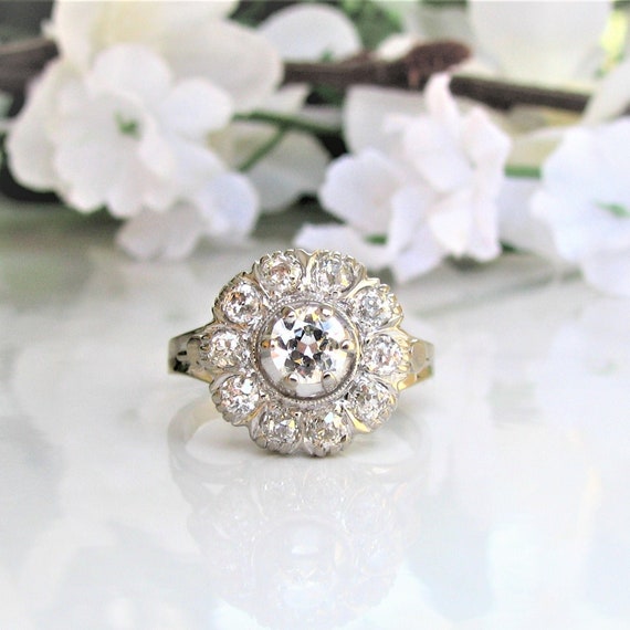 Antique Diamond Ring Halo Engagement Ring 0.80ctw Old Cut Diamonds Art Deco Engagement Ring 14K White Gold Daisy Diamond Wedding Ring Etsy Canada