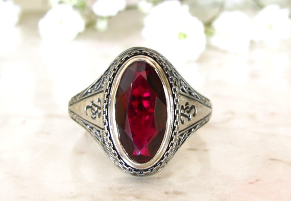 Vintage Style Ruby Ring Large Oval Bezel Set Synt… - image 2