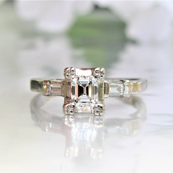 Art Deco Engagement Ring Emerald Cut Engagement Ring 0.58ctw Diamond Vintage Engagement Ring 14K White Gold Baguette Diamond Wedding Ring Etsy