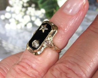 Vintage Order of the Eastern Star Ring Diamond Accent Onyx Ring