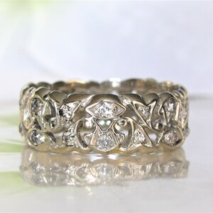 Antique Diamond Wedding Band 14K White Gold Scroll Filigree Edwardian Ring 0.92ctw Diamond Wide Wedding Ring Antique Diamond Eternity Ring image 4