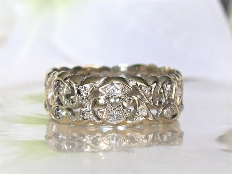 Antique Diamond Wedding Band 14K White Gold Scroll Filigree Edwardian Ring 0.92ctw Diamond Wide Wedding Ring Antique Diamond Eternity Ring image 4