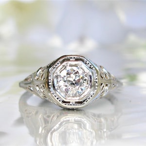 Antique Engagement Ring 0.61ct Old European Cut Diamond Edwardian Engagement Ring 18K White Gold Heart Motif Filigree Antique Wedding Ring