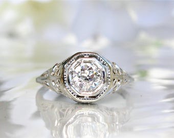 Antique Engagement Ring 0.61ct Old European Cut Diamond Edwardian Engagement Ring 18K White Gold Heart Motif Filigree Antique Wedding Ring