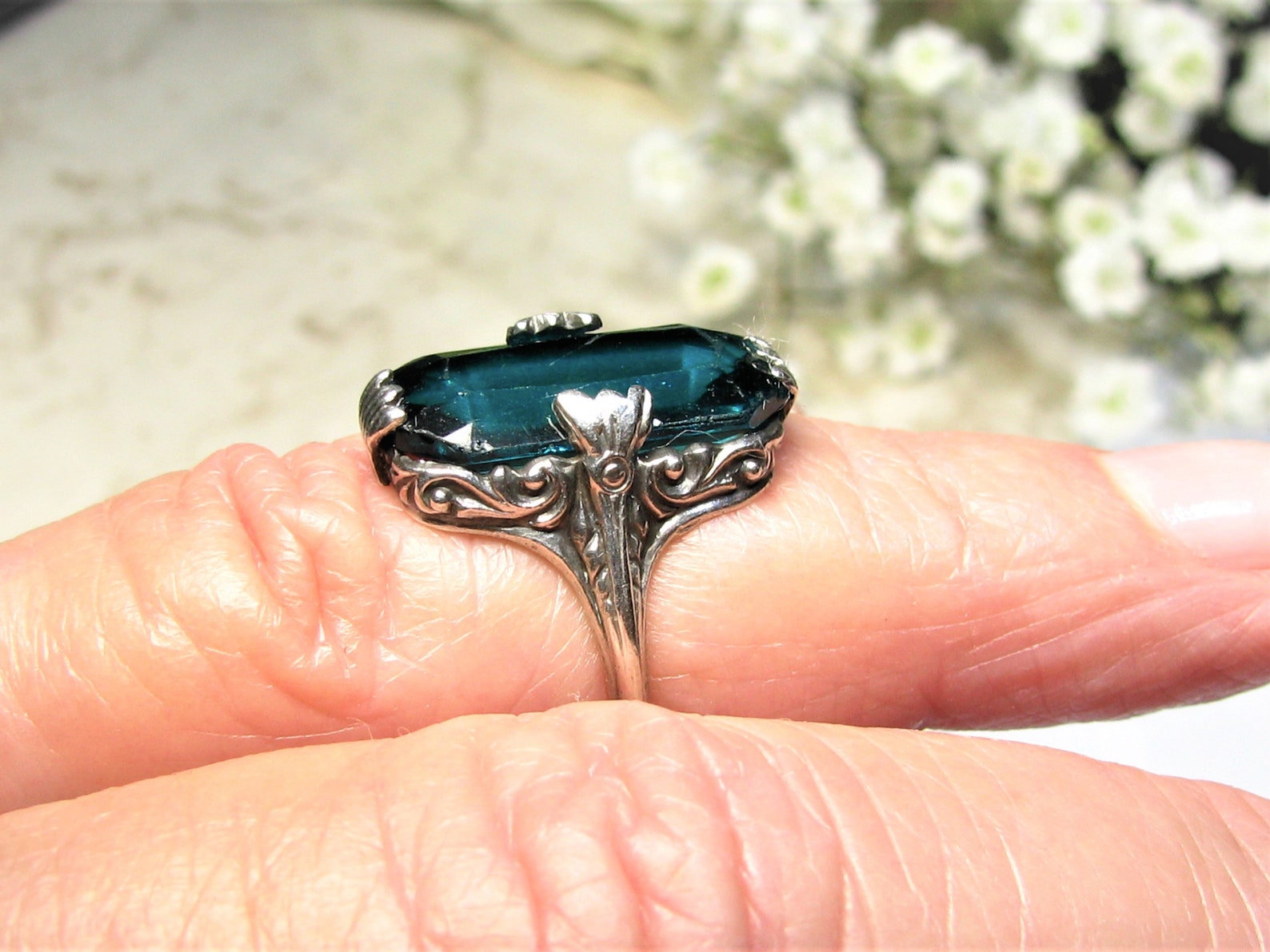 Vintage Alternative Engagement Ring Navette Style Green Glass Etsy