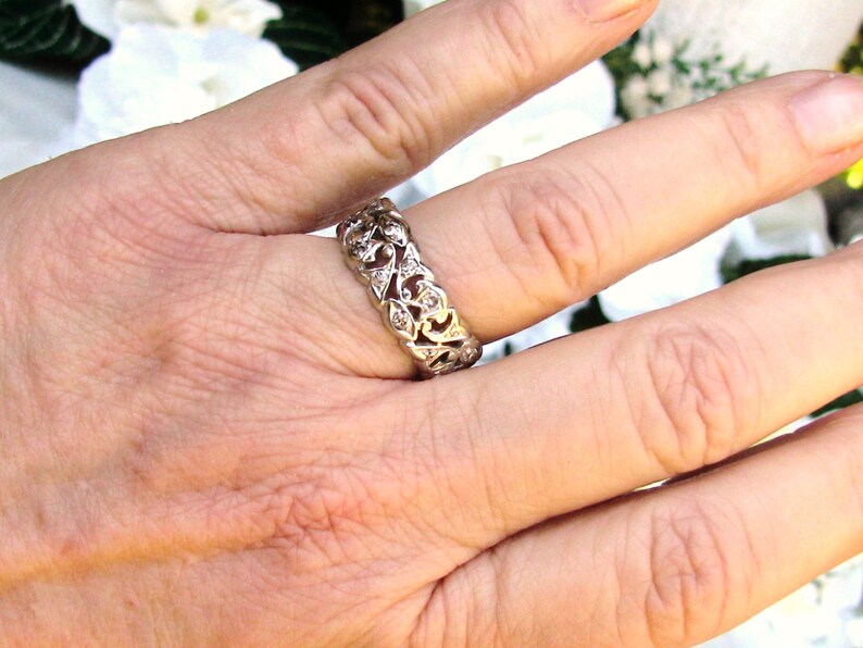 Antique Diamond Wedding Band 14K White Gold Scroll Filigree Edwardian Ring 0.92ctw Diamond Wide Wedding Ring Antique Diamond Eternity Ring image 9