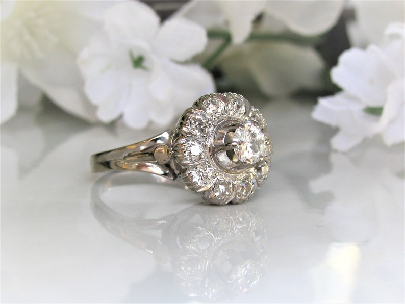 Antique 0.80ctw Diamond Halo Ring, Art Deco 14K White Gold image 3
