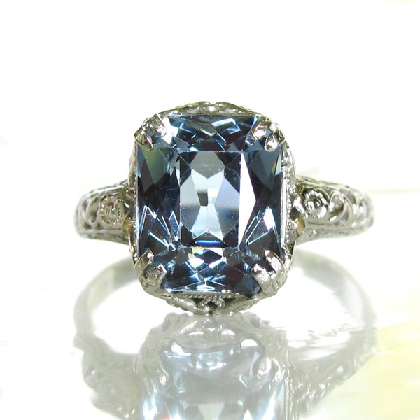 Vintage Blue Topaz Ring 14K White Gold Filigree Orange Blossom Ring Edwardian Style Alternative Engagement Ring December Birthstone Ring!