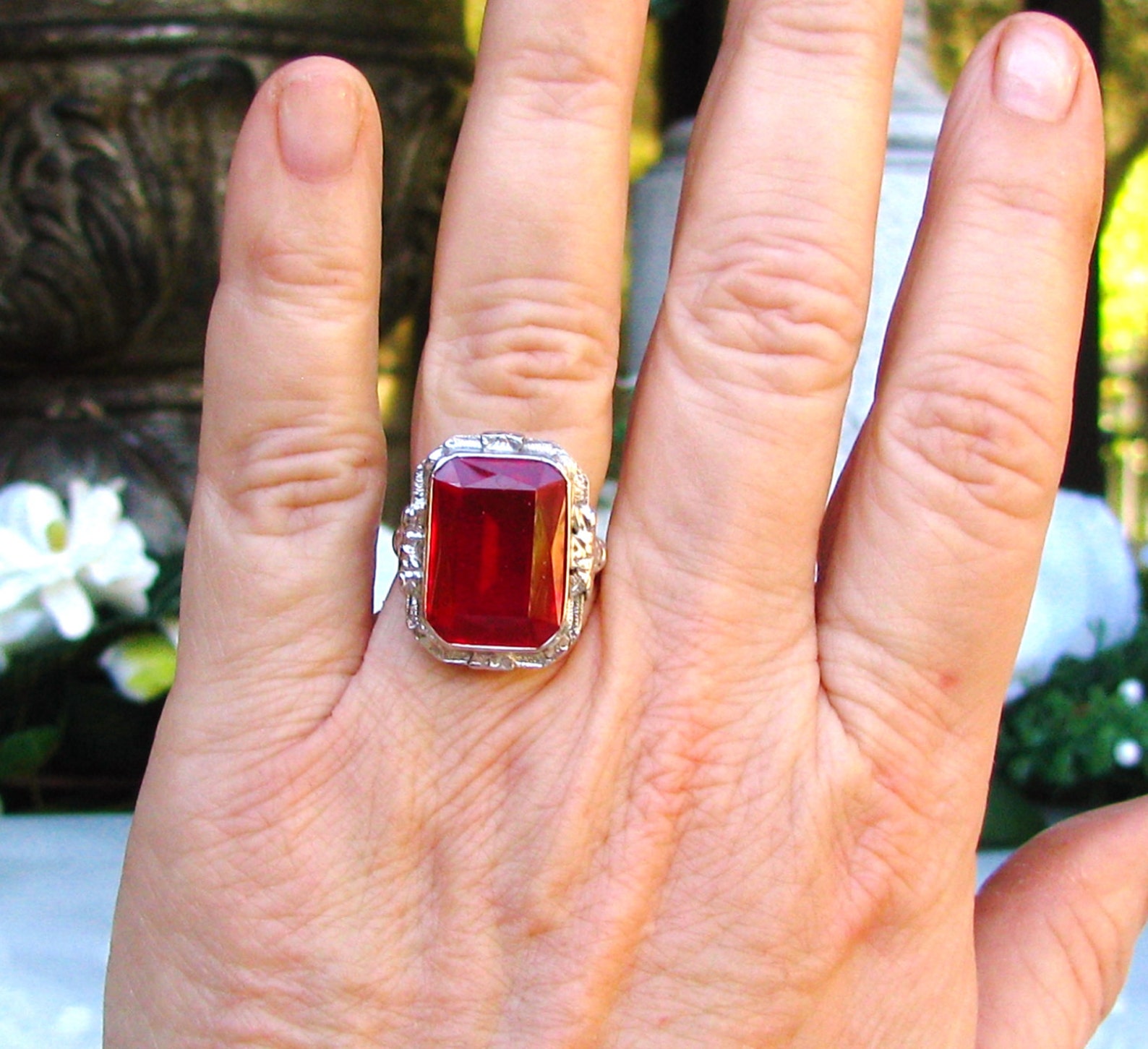 Vintage Emerald Cut Ruby Ring Large 14.00ct Synthetic Ruby | Etsy